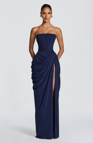 HANNAH | Elegantes Maxikleid mit Drapierung und Hohem Schlitz